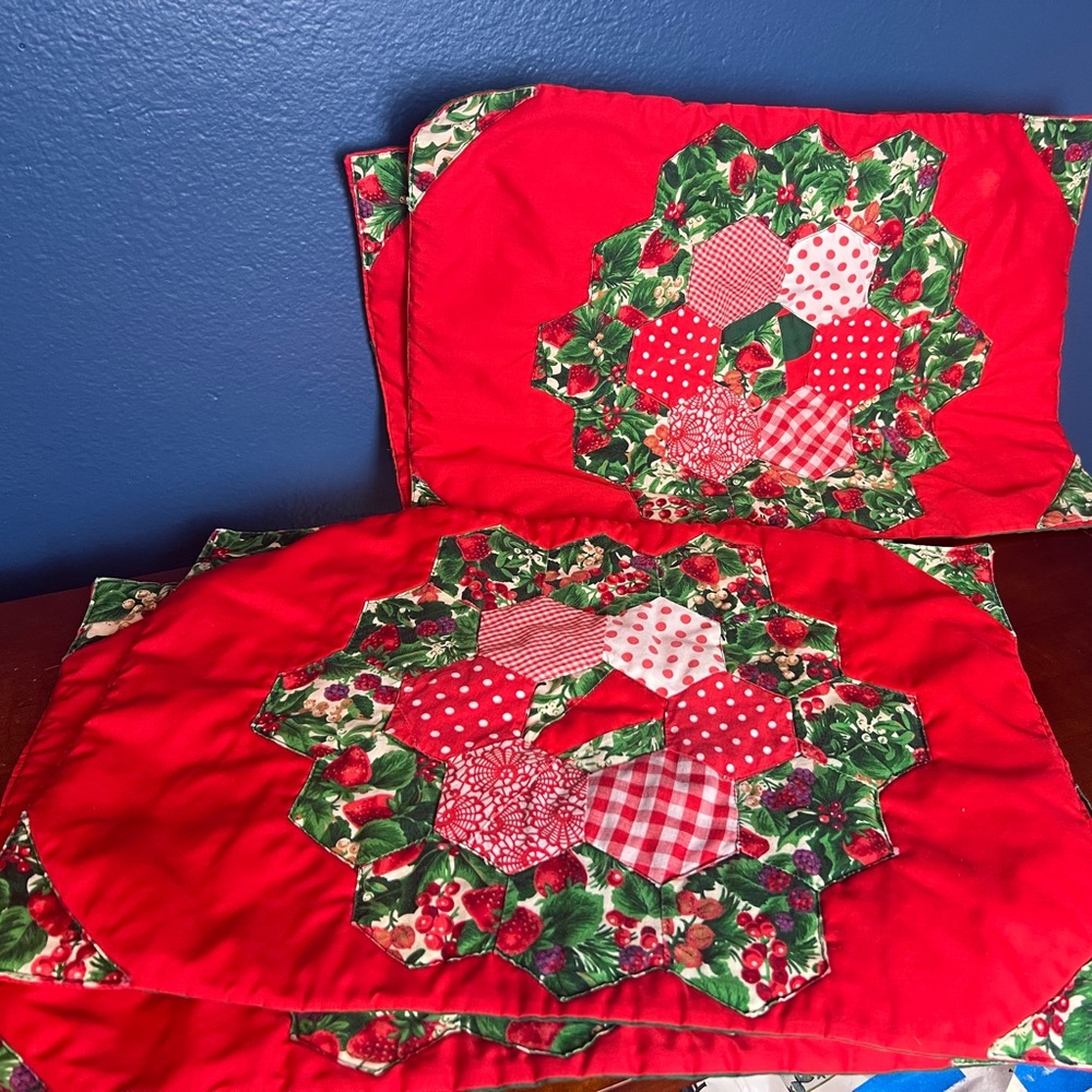 Handmade - Festive Red and Green Quilted Placemats